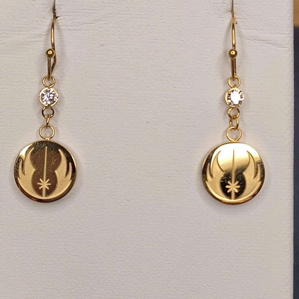 Star Wars Jedi Order Symbol Gold Tone w/CZ's Dangle Stainless Earrings - Picture 1 of 4
